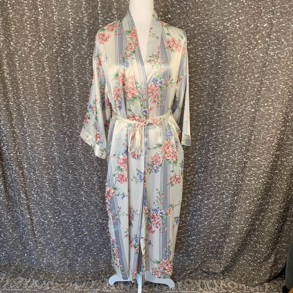 Vintage Dentelle Long White Blue Floral Kimono Robe L Belted Pockets Made in USA
